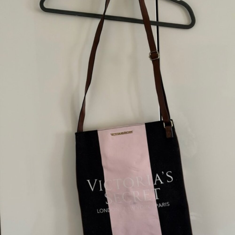 Victoria Secret Tote, Canvas and Faux Leather, Black and Pink